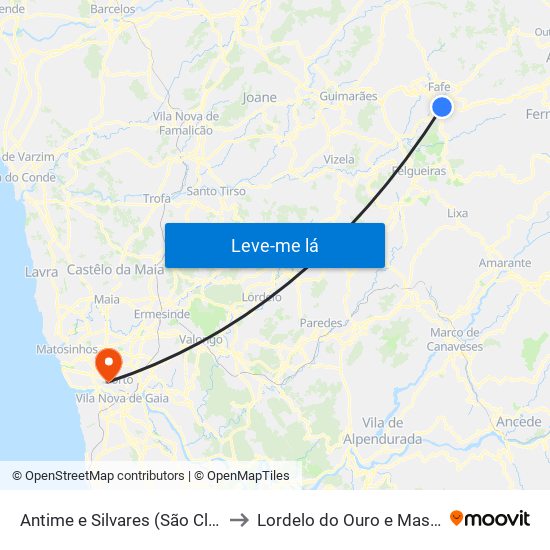 Antime e Silvares (São Clemente) to Lordelo do Ouro e Massarelos map