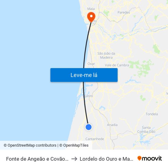 Fonte de Angeão e Covão do Lobo to Lordelo do Ouro e Massarelos map