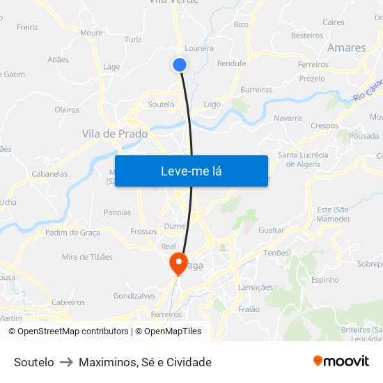 Soutelo to Maximinos, Sé e Cividade map