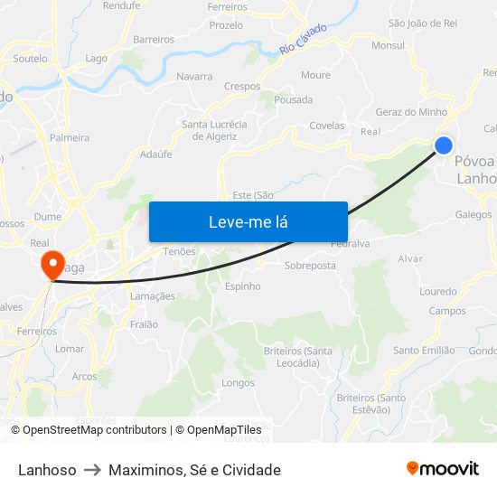 Lanhoso to Maximinos, Sé e Cividade map