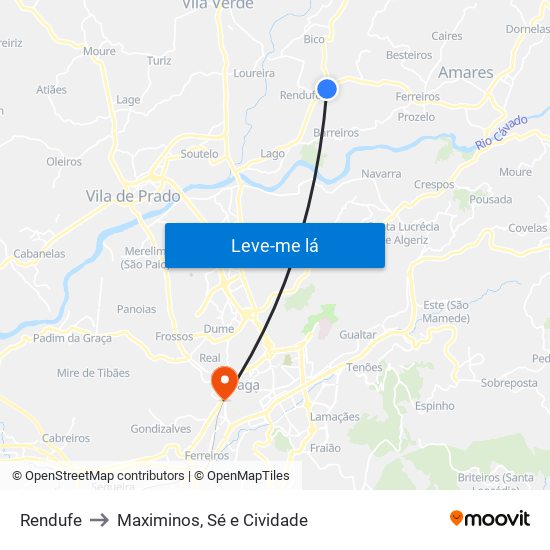 Rendufe to Maximinos, Sé e Cividade map