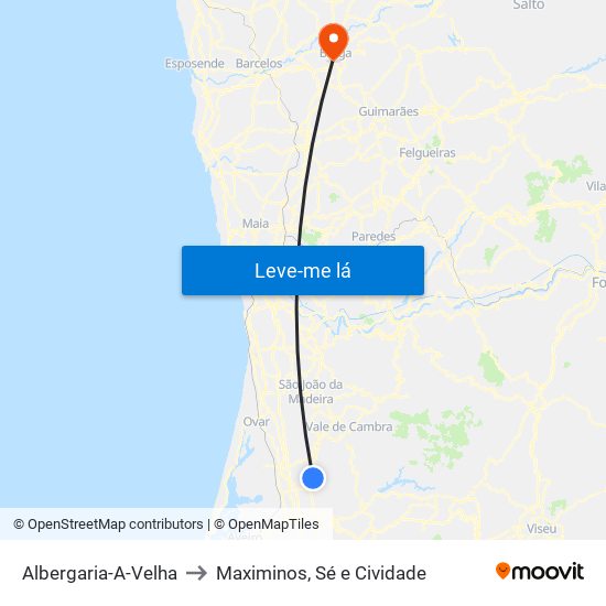 Albergaria-A-Velha to Maximinos, Sé e Cividade map