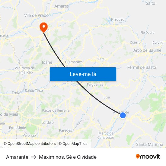 Amarante to Maximinos, Sé e Cividade map