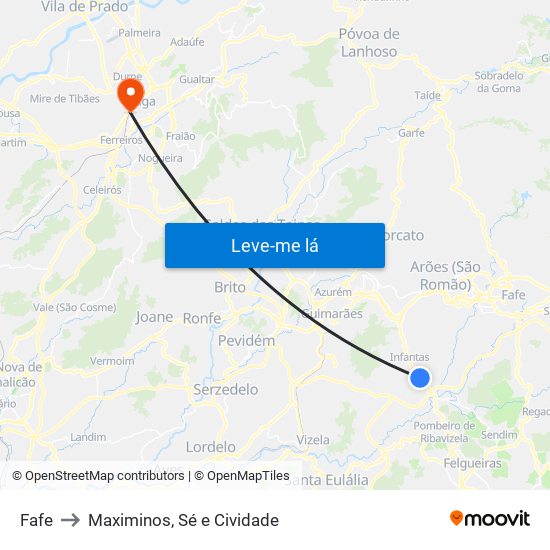 Fafe to Maximinos, Sé e Cividade map