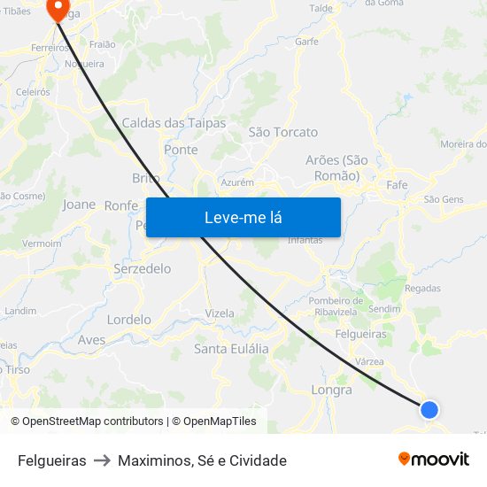 Felgueiras to Maximinos, Sé e Cividade map