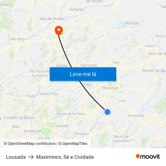 Lousada to Maximinos, Sé e Cividade map