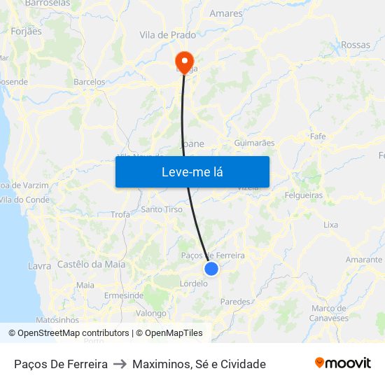 Paços De Ferreira to Maximinos, Sé e Cividade map