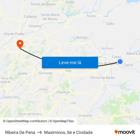 Ribeira De Pena to Maximinos, Sé e Cividade map