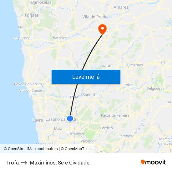 Trofa to Maximinos, Sé e Cividade map