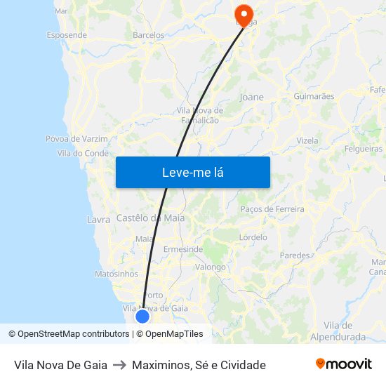 Vila Nova De Gaia to Maximinos, Sé e Cividade map