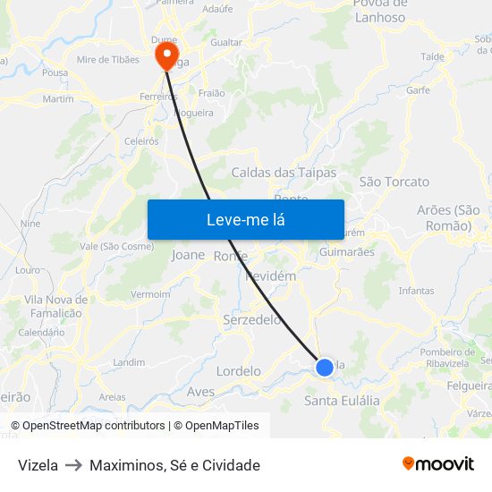 Vizela to Maximinos, Sé e Cividade map