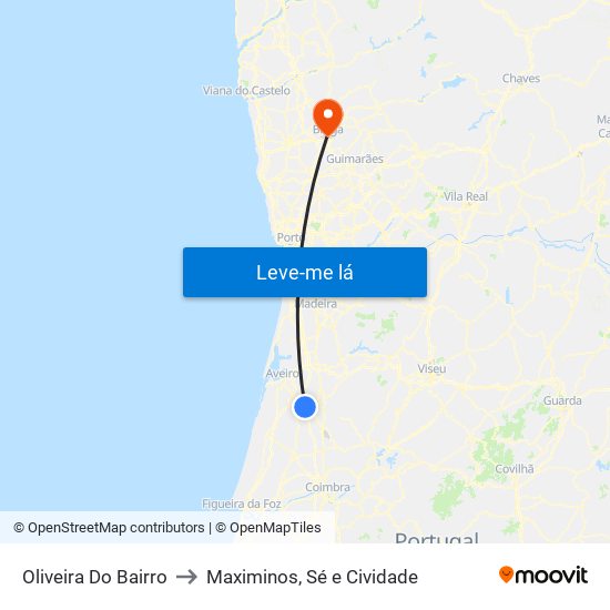 Oliveira Do Bairro to Maximinos, Sé e Cividade map
