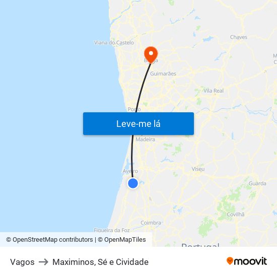 Vagos to Maximinos, Sé e Cividade map