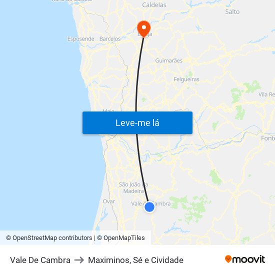 Vale De Cambra to Maximinos, Sé e Cividade map