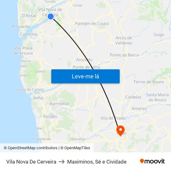 Vila Nova De Cerveira to Maximinos, Sé e Cividade map
