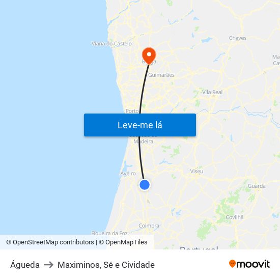 Águeda to Maximinos, Sé e Cividade map