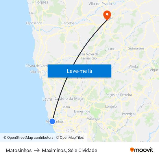 Matosinhos to Maximinos, Sé e Cividade map
