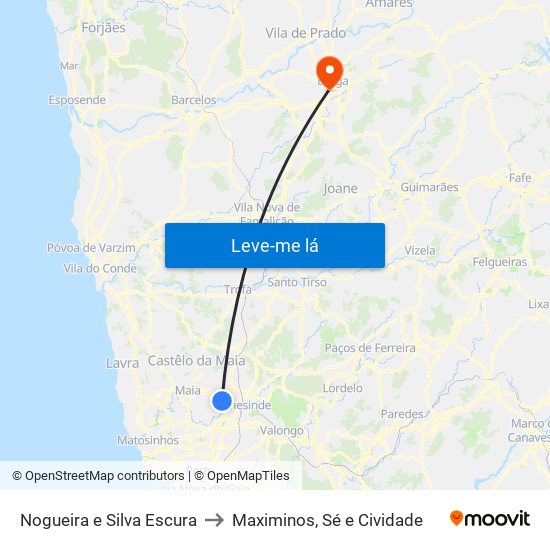 Nogueira e Silva Escura to Maximinos, Sé e Cividade map