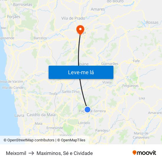 Meixomil to Maximinos, Sé e Cividade map