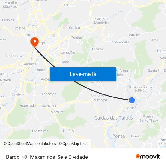 Barco to Maximinos, Sé e Cividade map