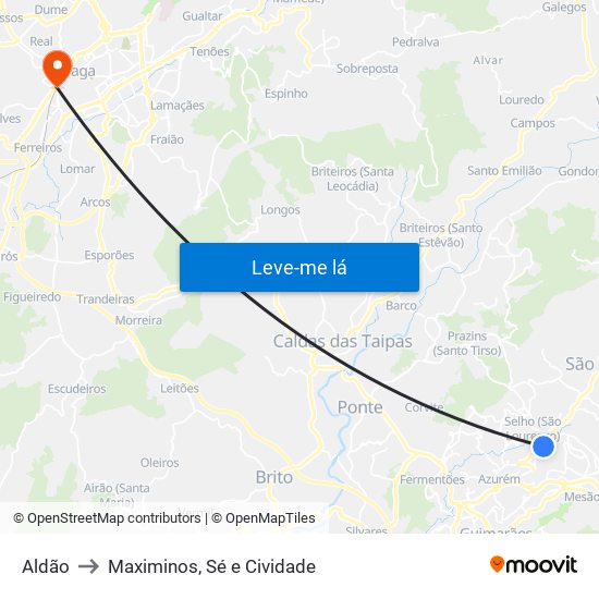 Aldão to Maximinos, Sé e Cividade map