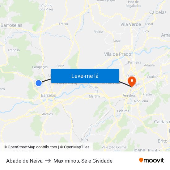 Abade de Neiva to Maximinos, Sé e Cividade map