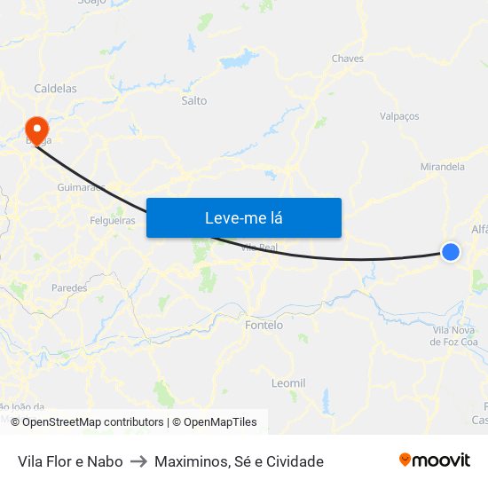 Vila Flor e Nabo to Maximinos, Sé e Cividade map