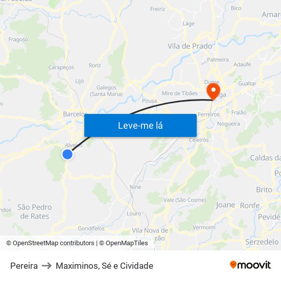 Pereira to Maximinos, Sé e Cividade map