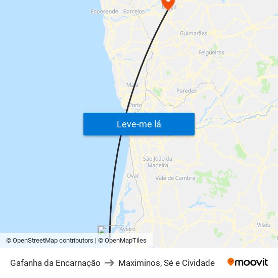 Gafanha da Encarnação to Maximinos, Sé e Cividade map