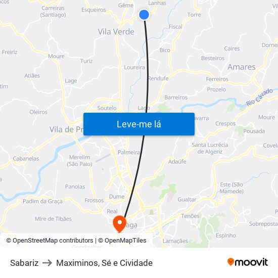 Sabariz to Maximinos, Sé e Cividade map