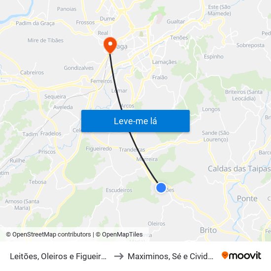 Leitões, Oleiros e Figueiredo to Maximinos, Sé e Cividade map