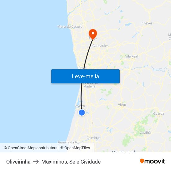 Oliveirinha to Maximinos, Sé e Cividade map