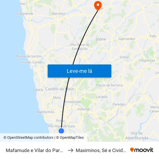 Mafamude e Vilar do Paraíso to Maximinos, Sé e Cividade map