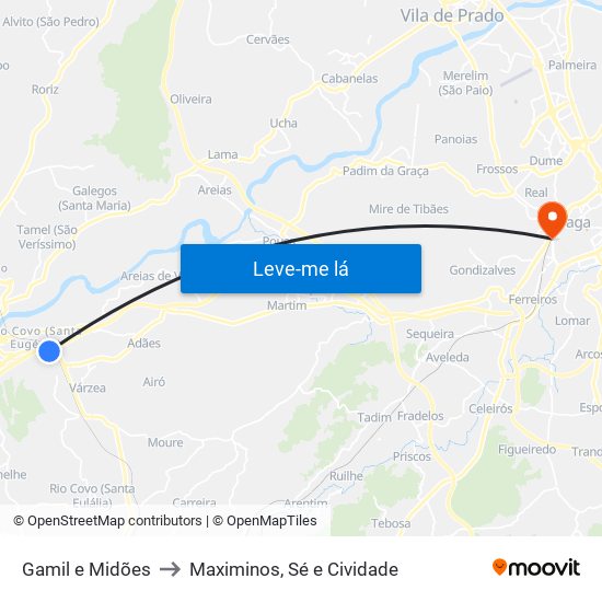 Gamil e Midões to Maximinos, Sé e Cividade map