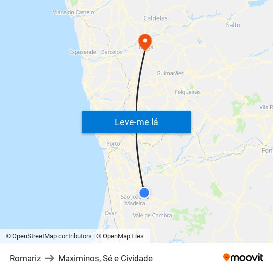 Romariz to Maximinos, Sé e Cividade map