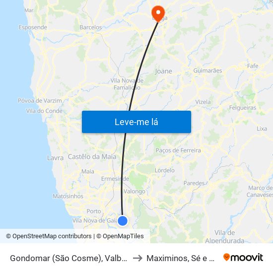 Gondomar (São Cosme), Valbom e Jovim to Maximinos, Sé e Cividade map