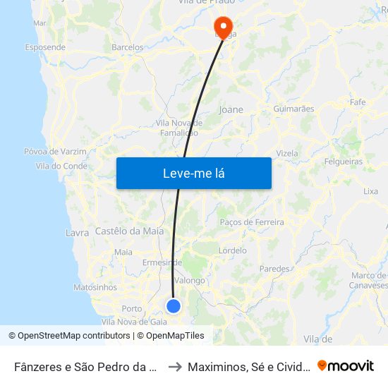 Fânzeres e São Pedro da Cova to Maximinos, Sé e Cividade map