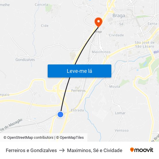 Ferreiros e Gondizalves to Maximinos, Sé e Cividade map