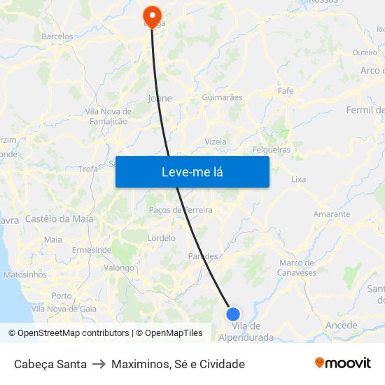 Cabeça Santa to Maximinos, Sé e Cividade map