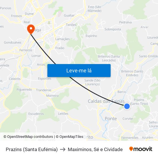 Prazins (Santa Eufémia) to Maximinos, Sé e Cividade map