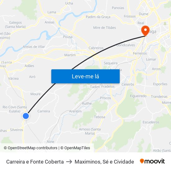 Carreira e Fonte Coberta to Maximinos, Sé e Cividade map