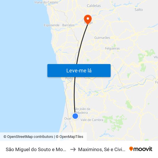 São Miguel do Souto e Mosteirô to Maximinos, Sé e Cividade map