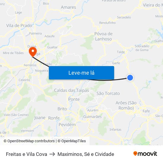Freitas e Vila Cova to Maximinos, Sé e Cividade map