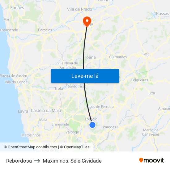 Rebordosa to Maximinos, Sé e Cividade map