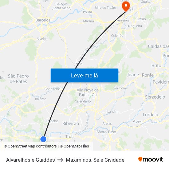 Alvarelhos e Guidões to Maximinos, Sé e Cividade map