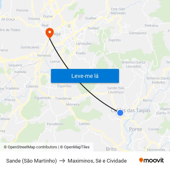 Sande (São Martinho) to Maximinos, Sé e Cividade map