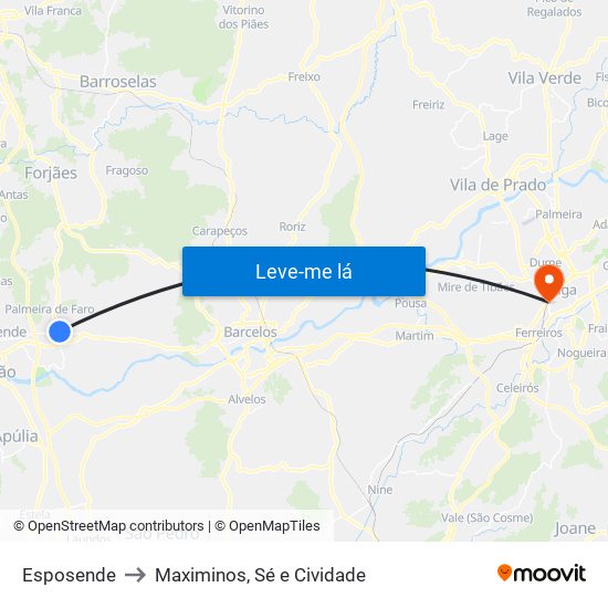 Esposende to Maximinos, Sé e Cividade map