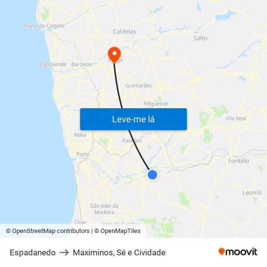 Espadanedo to Maximinos, Sé e Cividade map