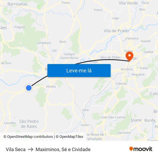 Vila Seca to Maximinos, Sé e Cividade map