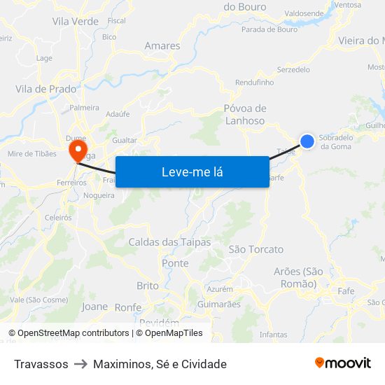 Travassos to Maximinos, Sé e Cividade map